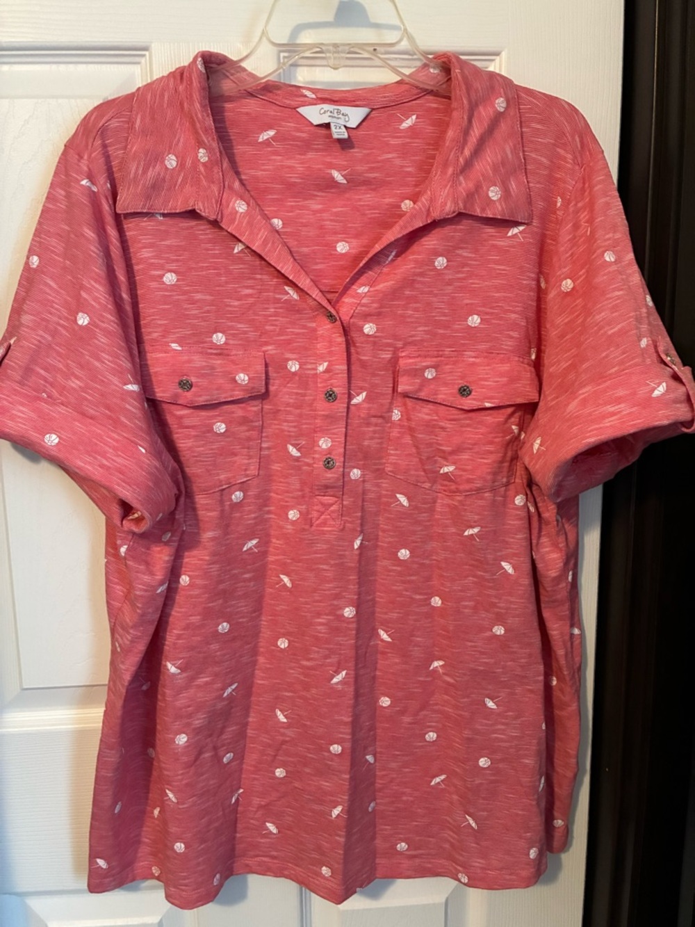 Coral Bay Woman Shirt Beach Umbrellas Cute Size 2X Short-Sleeves Silver Buttons!